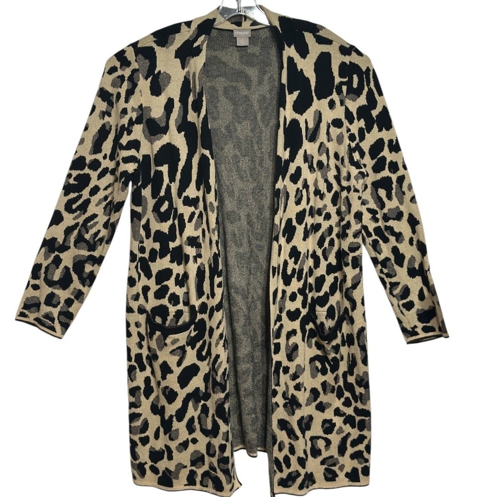 Chico's Cardigan Women Tan Black Leopard Open Front Longline Pockets Fall XL